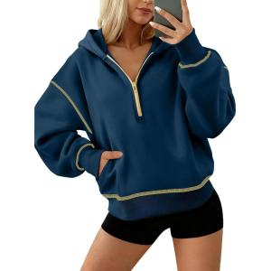 imageATHMILE Womens Fall Hoodies Half Zip Sweatshirts Long Sleeve Cropped Hooded Pullover Winter Fashion Clothes 2025Dark Blue