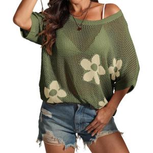 imageATHMILE Womens Floral Spring Tops Summer Fashion Shirts Short Sleeve Beach Vacation Crochet Knit Sweater Lightweight PulloverArmy Green