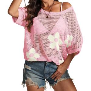 imageATHMILE Womens Floral Spring Tops Summer Fashion Shirts Short Sleeve Beach Vacation Crochet Knit Sweater Lightweight PulloverPink