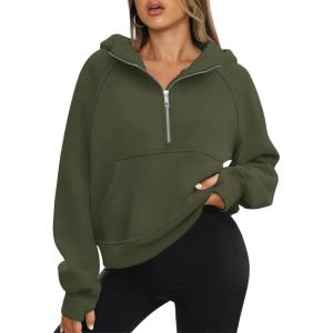imageATHMILE Womens Hoodies Long Sleeve Fleece Quarter Zip Pullover Workout Oversized Sweatshirt Fall Winter Crop Jacket Tops 2025Armygreen
