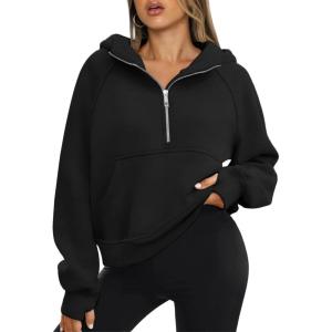 imageATHMILE Womens Hoodies Long Sleeve Fleece Quarter Zip Pullover Workout Oversized Sweatshirt Fall Winter Crop Jacket Tops 2025Black