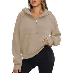 imageATHMILE Womens Hoodies Long Sleeve Fleece Quarter Zip Pullover Workout Oversized Sweatshirt Fall Winter Crop Jacket Tops 2025Coffeegrey