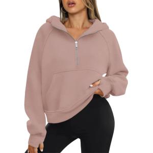 imageATHMILE Womens Hoodies Long Sleeve Fleece Quarter Zip Pullover Workout Oversized Sweatshirt Fall Winter Crop Jacket Tops 2025Darkpink