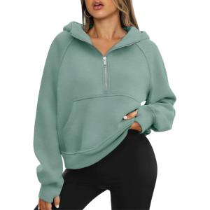 imageATHMILE Womens Hoodies Long Sleeve Fleece Quarter Zip Pullover Workout Oversized Sweatshirt Fall Winter Crop Jacket Tops 2025Green