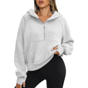 imageATHMILE Womens Hoodies Long Sleeve Fleece Quarter Zip Pullover Workout Oversized Sweatshirt Fall Winter Crop Jacket Tops 2025Grey