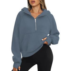 imageATHMILE Womens Hoodies Long Sleeve Fleece Quarter Zip Pullover Workout Oversized Sweatshirt Fall Winter Crop Jacket Tops 2025Greyblue