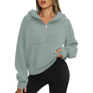imageATHMILE Womens Hoodies Long Sleeve Fleece Quarter Zip Pullover Workout Oversized Sweatshirt Fall Winter Crop Jacket Tops 2025Greygreen