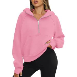imageATHMILE Womens Hoodies Long Sleeve Fleece Quarter Zip Pullover Workout Oversized Sweatshirt Fall Winter Crop Jacket Tops 2025Pink