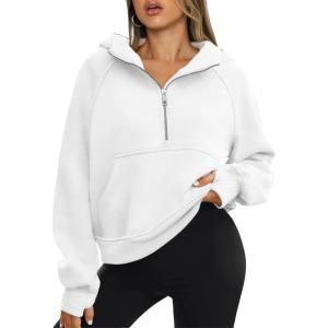 imageATHMILE Womens Hoodies Long Sleeve Fleece Quarter Zip Pullover Workout Oversized Sweatshirt Fall Winter Crop Jacket Tops 2025White