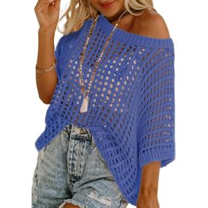 imageATHMILE Womens Short Sleeve Sweaters Scoop Neck Summer Beach Cover up Casual Crochet Hollow Out Knit Tops Pullover ShirtsBlue