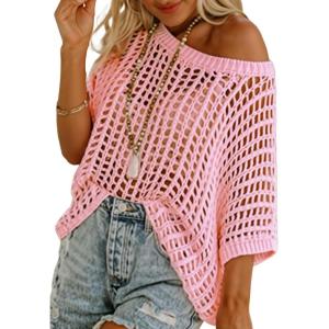 imageATHMILE Womens Short Sleeve Sweaters Scoop Neck Summer Beach Cover up Casual Crochet Hollow Out Knit Tops Pullover ShirtsPink