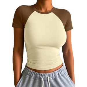 imageATHMILE Womens Short SleeveLong Sleeve Cropped Tops Slim Fit Stretchy Color Block Slightly Shirts Y2k Fashion Clothes1beige Brown Combo
