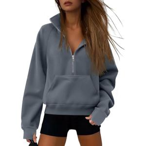 imageATHMILE Womens Sweatshirts Half Zip Cropped Pullover Fleece Quarter Zipper Hoodies 2025 Fall Fashion Outfits ClothesGreyblue