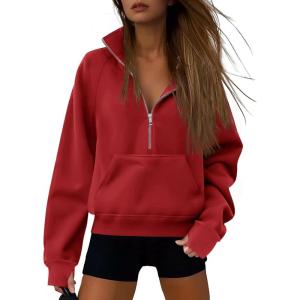 imageATHMILE Womens Sweatshirts Half Zip Cropped Pullover Fleece Quarter Zipper Hoodies 2025 Fall Fashion Outfits ClothesRed