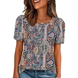 imageATHMILE Womens T Shirts Short Sleeve Summer Tops Pleated Dressy Casual Blouses Spring Clothes Beach Vacation 2025Bohemian Color
