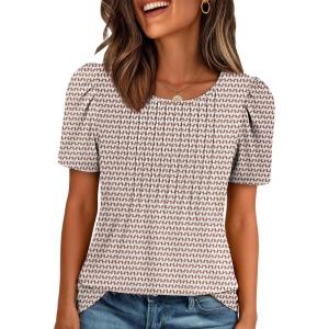 imageATHMILE Womens T Shirts Short Sleeve Summer Tops Pleated Dressy Casual Blouses Spring Clothes Beach Vacation 2025Brown Stripes