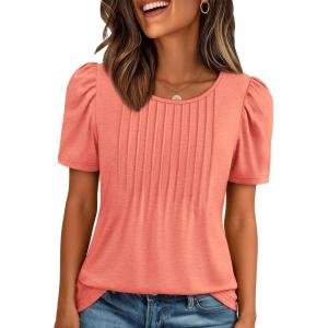 imageATHMILE Womens T Shirts Short Sleeve Summer Tops Pleated Dressy Casual Blouses Spring Clothes Beach Vacation 2025Coral