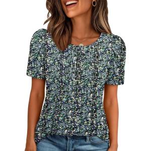 imageATHMILE Womens T Shirts Short Sleeve Summer Tops Pleated Dressy Casual Blouses Spring Clothes Beach Vacation 2025Floralblue