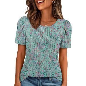 imageATHMILE Womens T Shirts Short Sleeve Summer Tops Pleated Dressy Casual Blouses Spring Clothes Beach Vacation 2025Green Floral