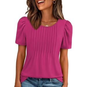 imageATHMILE Womens T Shirts Short Sleeve Summer Tops Pleated Dressy Casual Blouses Spring Clothes Beach Vacation 2025Hot Pink