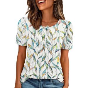 imageATHMILE Womens T Shirts Short Sleeve Summer Tops Pleated Dressy Casual Blouses Spring Clothes Beach Vacation 2025Multileaf