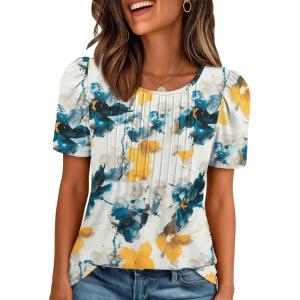 imageATHMILE Womens T Shirts Short Sleeve Summer Tops Pleated Dressy Casual Blouses Spring Clothes Beach Vacation 2025Multiteal