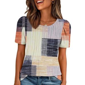 imageATHMILE Womens T Shirts Short Sleeve Summer Tops Pleated Dressy Casual Blouses Spring Clothes Beach Vacation 2025Orange and Blue Plaid