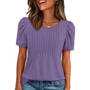 imageATHMILE Womens T Shirts Short Sleeve Summer Tops Pleated Dressy Casual Blouses Spring Clothes Beach Vacation 2025Purple