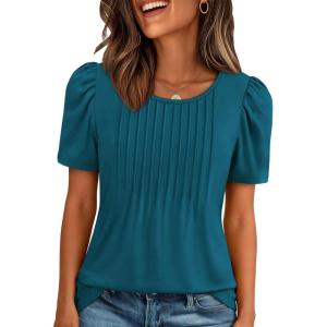 imageATHMILE Womens T Shirts Short Sleeve Summer Tops Pleated Dressy Casual Blouses Spring Clothes Beach Vacation 2025Teal
