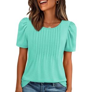 imageATHMILE Womens T Shirts Short Sleeve Summer Tops Pleated Dressy Casual Blouses Spring Clothes Beach Vacation 2025Turquoise