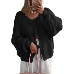 imageATHMILE Womens Tie Front Bow Cardigan Sweaters Chunky Knit Long Puff Sleeve Trendy Fall Winter Jacket Coats 2025Black