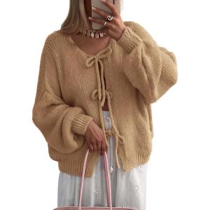 imageATHMILE Womens Tie Front Bow Cardigan Sweaters Chunky Knit Long Puff Sleeve Trendy Fall Winter Jacket Coats 2025Camel