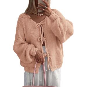 imageATHMILE Womens Tie Front Bow Cardigan Sweaters Chunky Knit Long Puff Sleeve Trendy Fall Winter Jacket Coats 2025Pink