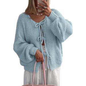 imageATHMILE Womens Tie Front Bow Cardigan Sweaters Chunky Knit Long Puff Sleeve Trendy Fall Winter Jacket Coats 2025Sky Blue