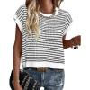 imageATHMILE Womens Short Sleeve Sweater Spring Summer Striped Teacher Round Neck Pullover Cap Sleeve Knit Cute Vest Tops 2026White