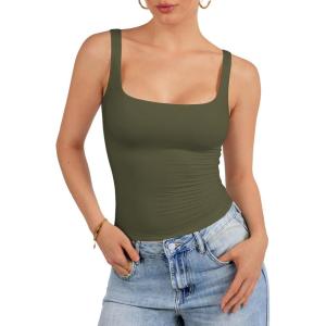 imageATHMILE Tank Top for Women Spring Summer Square Neck Sleeveless Double Lined Basic Going Out TopArmy Green