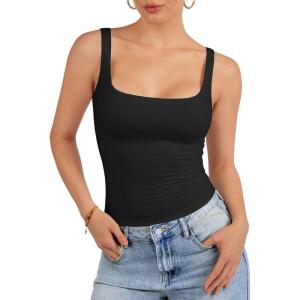 imageATHMILE Tank Top for Women Spring Summer Square Neck Sleeveless Double Lined Basic Going Out TopBlack