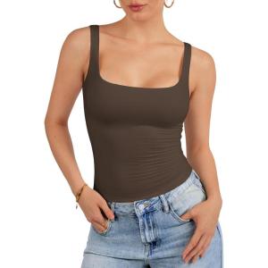 imageATHMILE Tank Top for Women Spring Summer Square Neck Sleeveless Double Lined Basic Going Out TopCoffee