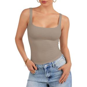imageATHMILE Tank Top for Women Spring Summer Square Neck Sleeveless Double Lined Basic Going Out TopLight Khaki