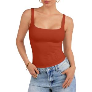 imageATHMILE Tank Top for Women Spring Summer Square Neck Sleeveless Double Lined Basic Going Out TopOrange Red