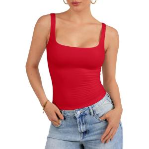 imageATHMILE Tank Top for Women Spring Summer Square Neck Sleeveless Double Lined Basic Going Out TopRed