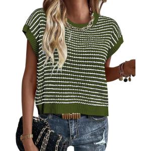 imageATHMILE Womens Short Sleeve Sweater Spring Summer Striped Teacher Round Neck Pullover Cap Sleeve Knit Cute Vest Tops 2026Army Green