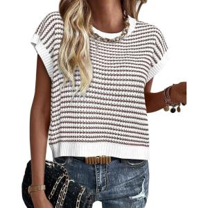 imageATHMILE Womens Short Sleeve Sweater Spring Summer Striped Teacher Round Neck Pullover Cap Sleeve Knit Cute Vest Tops 2026Brown