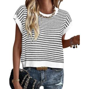 imageATHMILE Womens Short Sleeve Sweater Spring Summer Striped Teacher Round Neck Pullover Cap Sleeve Knit Cute Vest Tops 2026White