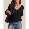 imageATHMILE Womens Sweaters V Neck Long Sleeve Contrast Knit Casual Pullover Fall Winter Outfits Cute Tops 2026Black