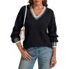 imageATHMILE Womens Sweaters V Neck Long Sleeve Contrast Knit Casual Pullover Fall Winter Outfits Cute Tops 2026Black