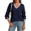 imageATHMILE Womens Sweaters V Neck Long Sleeve Contrast Knit Casual Pullover Fall Winter Outfits Cute Tops 2026Navy Blue