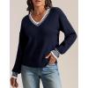 imageATHMILE Womens Sweaters V Neck Long Sleeve Contrast Knit Casual Pullover Fall Winter Outfits Cute Tops 2026Navy Blue