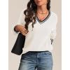 imageATHMILE Womens Sweaters V Neck Long Sleeve Contrast Knit Casual Pullover Fall Winter Outfits Cute Tops 2026White