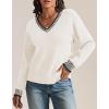 imageATHMILE Womens Sweaters V Neck Long Sleeve Contrast Knit Casual Pullover Fall Winter Outfits Cute Tops 2026White